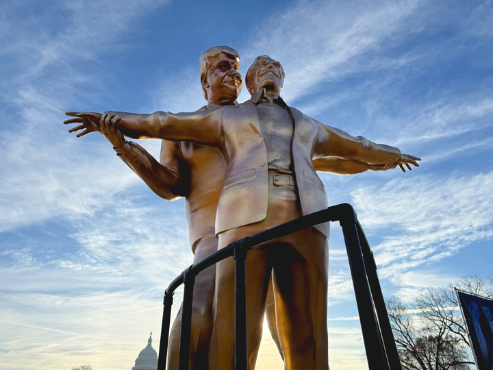 In an homage to the star-crossed lovers of the film “Titanic,” a statue near the U.S. Capitol depicts President Donald Trump embracing sex offender Jeffrey Epstein.
