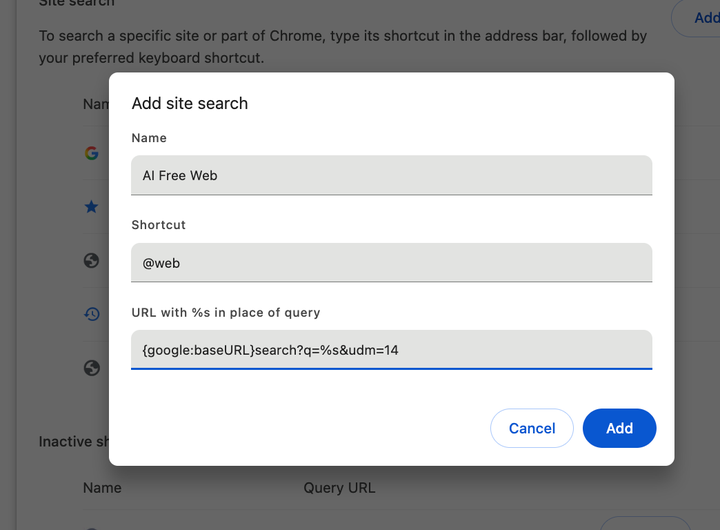 Adding this "AI Free Web" option to your search engine settings and making it the default can give you back your old search engine functionality.