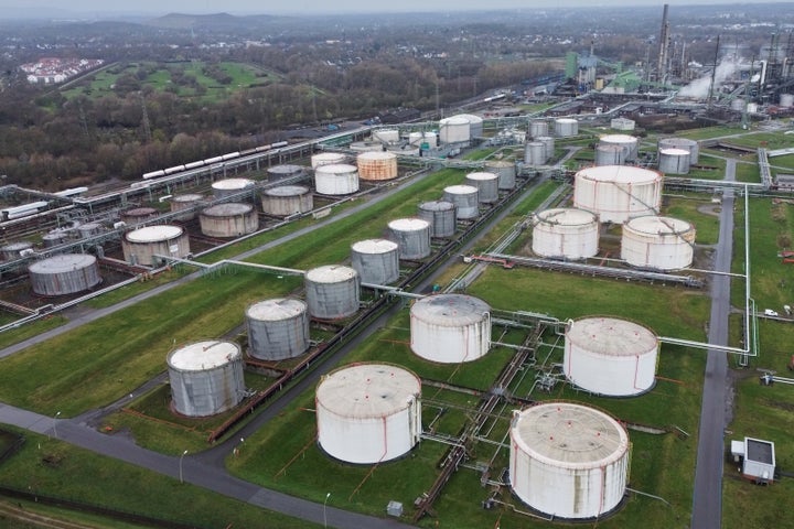 Big oil tanks are pictured in front of the BP refinery in Gelsenkirchen, one of the biggest fuel producers in Germany, Wednesday, March 11, 2026. (AP Photo/Martin Meissner)