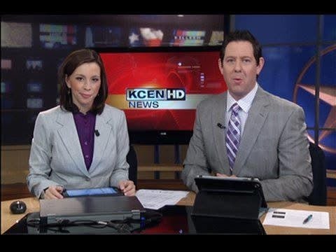 The author, left, working as a morning news anchor at NBC affiliate KCEN-TV in Temple, Texas.