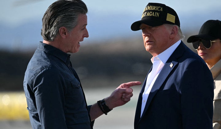 California Gov. Gavin Newsom (D) speaks to President Donald Trump in Los Angeles on Jan. 24, 2025.