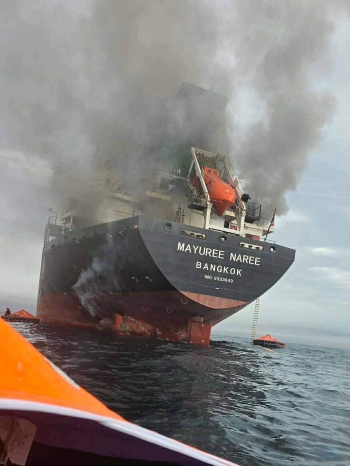 This image released by the Royal Thai Navy shows Thai cargo ship Mayuree Naree ablaze in the Strait of Hormuz on March 11, 2026.