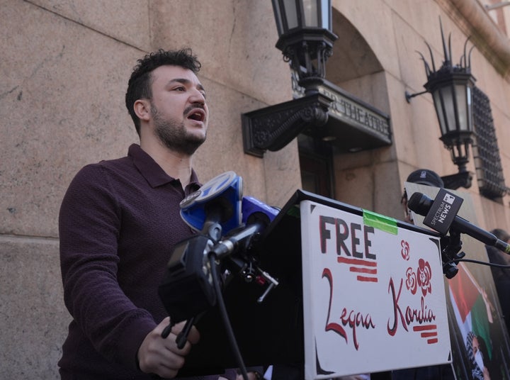 Activist Mahmoud Khalil speaks at a rally outside Columbia University's gates in support of Leqaa Kordia and other community members who have been taken by federal immigration agents and detained for their views, in New York City on March 9, 2026.