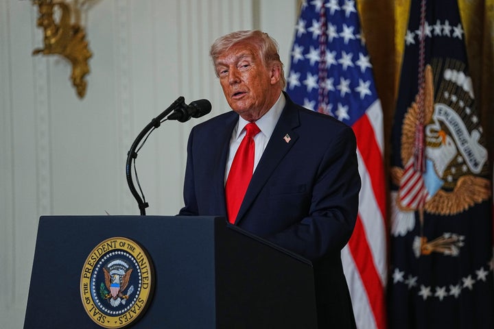 President Donald Trump speaks during a women's history month event in the East Room at the White House, Thursday, March 12, 2026, in Washington. (AP Photo/Allison Robbert)