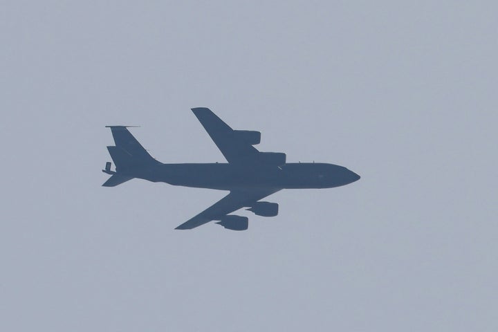 A U.S. Air Force Boeing KC-135 Stratotanker aerial refueling aircraft flies over Tel Aviv on March 4, 2026.