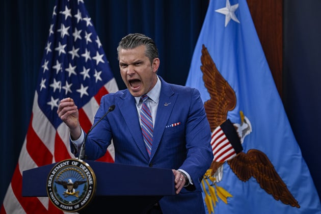 US Defence Secretary Pete Hegseth and US Chairman of the Joint Chiefs of Staff Dan Caine hold a joint press conference at the Pentagon press briefing room in Washington DC, United States on June 26, 2025. (Photo by Celal Gunes/Anadolu via Getty Images)