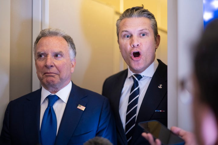 Defense Secretary Pete Hegseth answers a question as he, President Donald Trump and Steve Witkoff, special envoy to the Middle East, speak with members of the media traveling on Air Force One March 7.