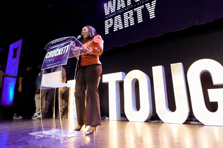 Rep. Jasmine Crockett, D-Texas, a Democratic candidate for U.S. Senate, speaks during a primary election watch party Tuesday, March 3, 2026, in Dallas. (AP Photo/Tony Gutierrez)