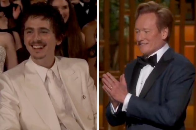 Timothée Chalamet and Conan O'Brien as seen during the 2026 Oscars broadcast