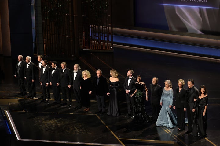 Michael McKean, from left, Christopher Guest, Jerry O'Connell, Wil Wheaton, Fred Savage, Cary Elwes, Mandy Patinkin, Carol Kane, Crystal, Meg Ryan, Kiefer Sutherland, Demi Moore, Kevin Pollak, Kathy Bates, Annette Bening, John Cusack and Daphne Zuniga take the stage during the special tribute.