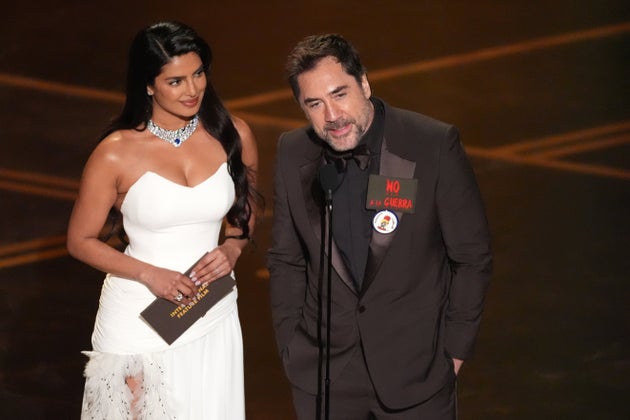 Priyanka Chopra Jonas and Javier Bardem on stage at the 2026 Oscars
