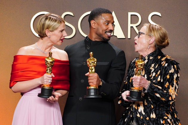 Jessie Buckley, Michael B. Jordan and Amy Madigan backstage at the 2026 Oscars