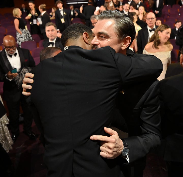 After winning the Oscar for Best Actor, Michael B. Jordan shared a celebratory hug with fellow nominee Leonardo DiCaprio. 