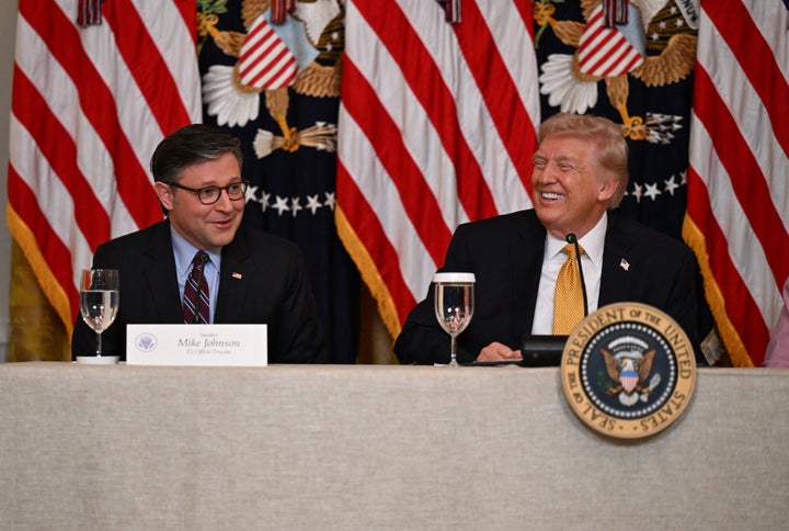 House Speaker Mike Johnson and President Donald Trump had a laugh while discussing a terminally ill colleague on Monday.
