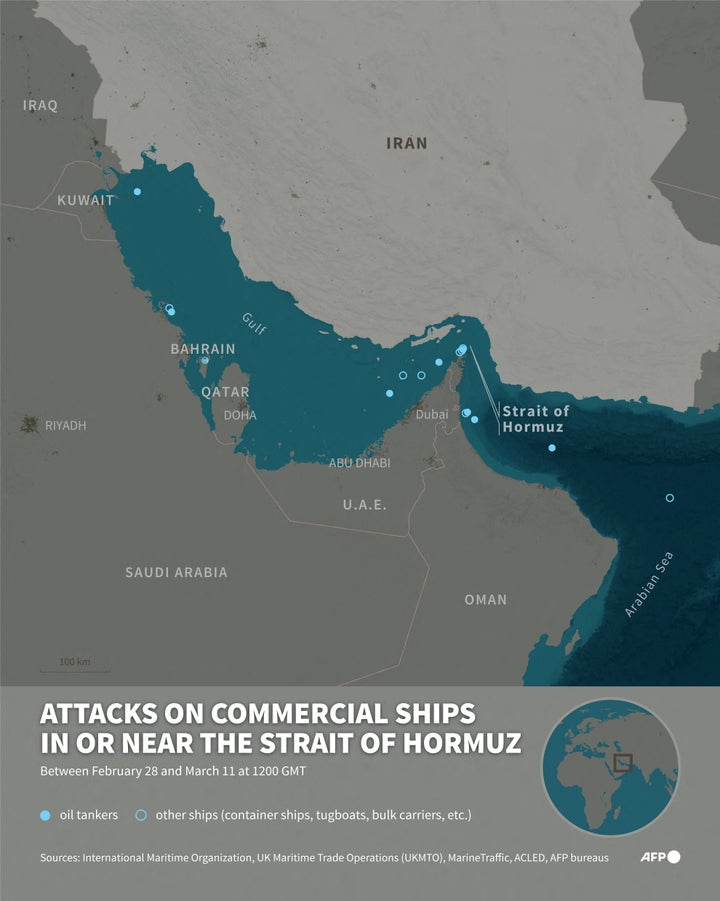 Infographic with a map of the Gulf and the Strait of Hormuz showing attacks on commercial vessels between February 28 and March 11.