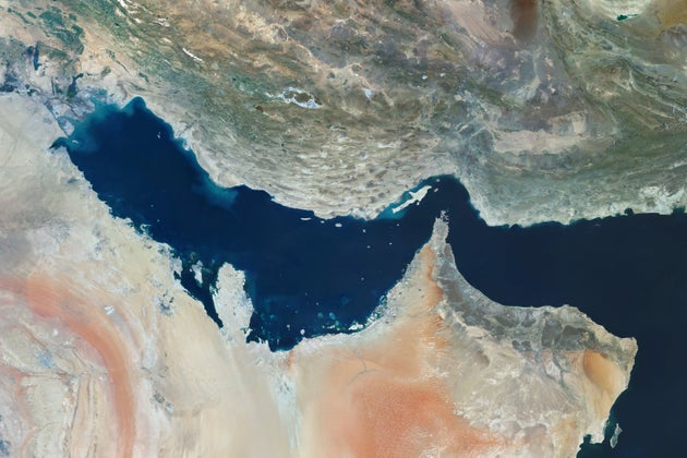 A satellite view of the Persian Gulf, a vital oil and natural gas maritime corridor between Iran and the Arabian Peninsula.
