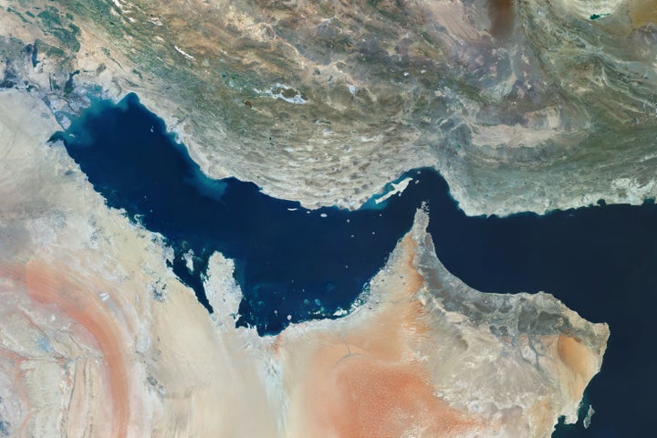 A satellite view of the Persian Gulf, a vital oil and natural gas maritime corridor between Iran and the Arabian Peninsula.