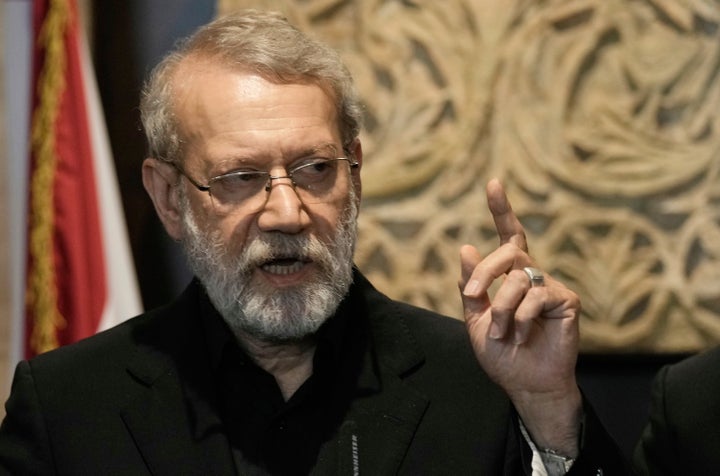 Iranian Secretary of the Supreme National Security Council Ali Larijani speaks during a press conference after his meeting with Lebanese Parliament Speaker Nabih Berri in Beirut, Lebanon, August 13, 2025.