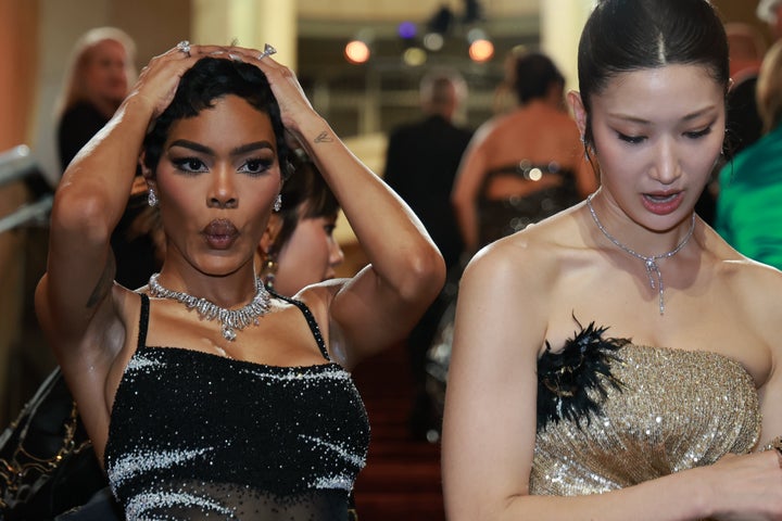 Taylor with singer-songwriter EJAE on the red carpet at the 98th annual Academy Awards on Sunday.
