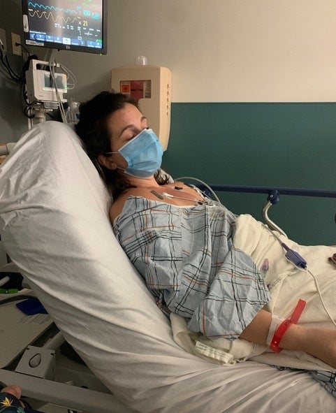 The author just after laparoscopic surgery in 2022.