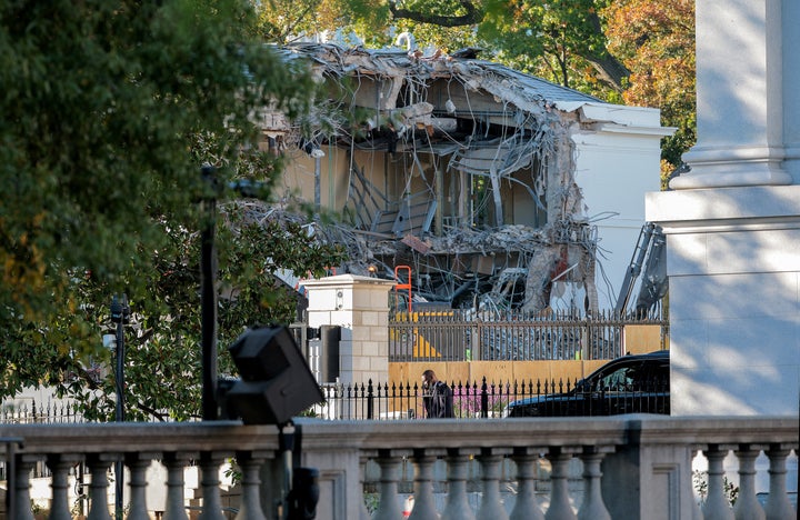 The facade of the East Wing of the White House was demolished by work crews on Oct. 20, 2025, in Washington, D.C.