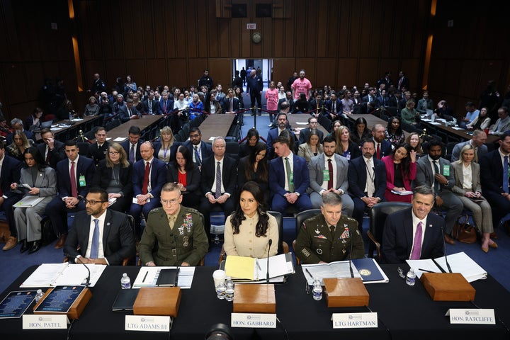 WASHINGTON, DC - MARCH 18: (L-R) Federal Bureau of Investigation Director Kash Patel, Director of the Defense Intelligence Agency (DIA) Lt. Gen. James Adams III, Director of National Intelligence Tulsi Gabbard, Army Lt. Gen. William Hartman and Central Intelligence Agency Director John Ratcliffe testify during a Senate Intelligence Committee hearing on worldwide threats in the Hart Senate Office Building on March 18, 2026 in Washington, DC. A closed session immediately followed the hearing. (Photo by Kevin Dietsch/Getty Images)