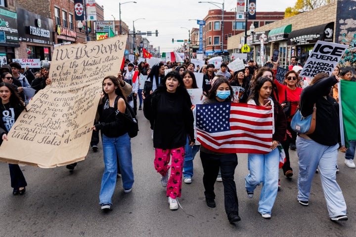 Students from Little Village's Lawndale High School campus participate in a walkout to protest the federal immigration crackdown in Chicago, on Oct. 28, 2025.