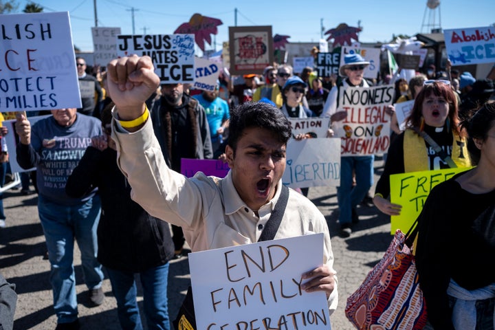 Protesters march against federal immigration enforcement as they march toward the South Texas Family Residential Center on Jan. 28, 2026 in Dilley, Texas. A federal judge temporarily blocked the deportation of 5-year-old Liam Conejo Ramos and his father, Adrian Conejo Arias, who were arrested in Minneapolis after the father had picked the boy up from school. They have since been released.