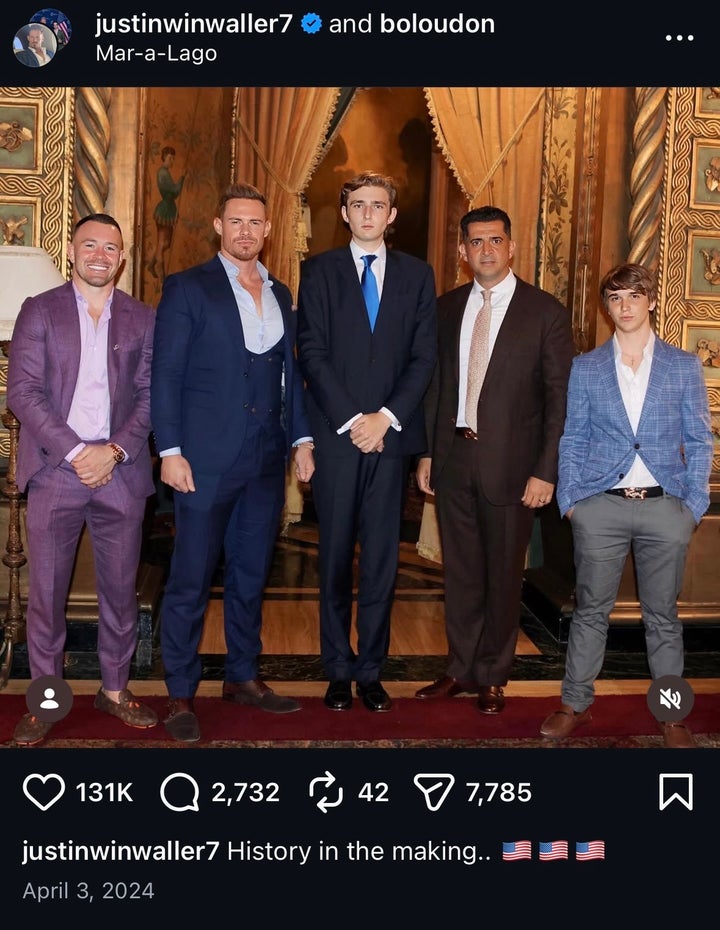 Donald Trump's youngest son, Barron, center, at Mar-a-Lago with Justin Waller, second left, and several other influencers.