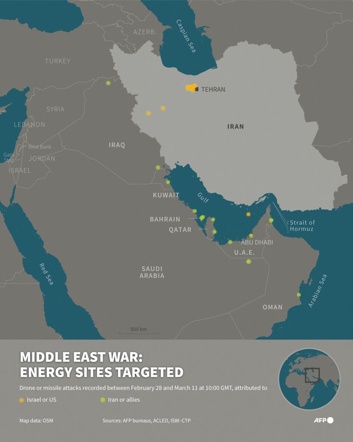 Infographic with a map showing the main energy sites (oil depots, refineries, fields, etc.) attacked since the beginning of the conflict in the Middle East, both in Iran (US and Israeli strikes) and in neighboring countries (retaliation by Iran and its allies), from February 28 to March 11 at 1000 GMT, according to a non-exhaustive count based on information gathered by AFP and supplemented by data from the NGO Acled and the ISW-CTP (Graphic by Sylvie HUSSON and Sabrina BLANCHARD / AFP via Getty Images)