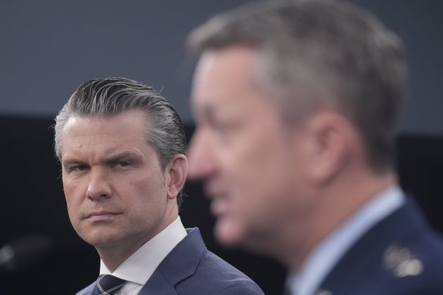 Defense Secretary Pete Hegseth and Chairman of the Joint Chiefs of Staff Gen. Dan Caine speak to members of the media during a press briefing at the Pentagon in Washington on March 19.