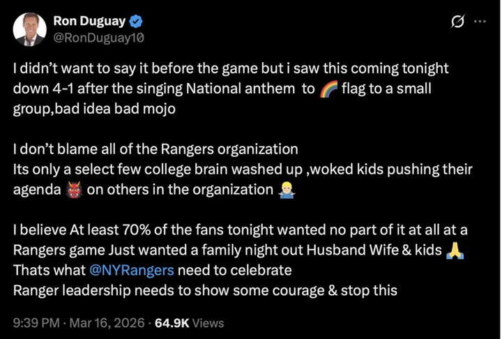 Ron Duguay eventually deleted this post, but a different one that also demeaned the team's outreach to LGBTQ+ fans remained up.
