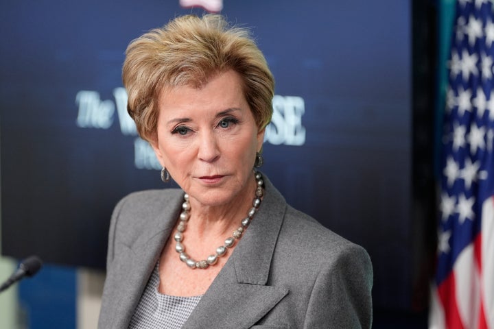 Education Secretary Linda McMahon speaks with reporters in the James Brady Press Briefing Room at the White House, Thursday, Nov. 20, 2025, in Washington. (AP Photo/Alex Brandon)