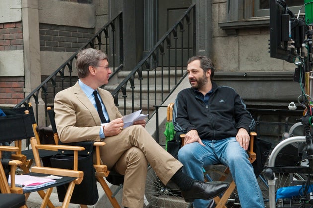 Director Paul Feig and producer Judd Apatow behind the scenes of Bridesmaids in the early 2010s