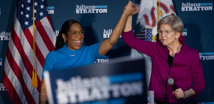 U.S. Sen. Elizabeth Warren (D-Mass.) joins Illinois Democratic Senate candidate Lt. Governor Juliana Stratton at a campaign stop on March 13 in Chicago.
