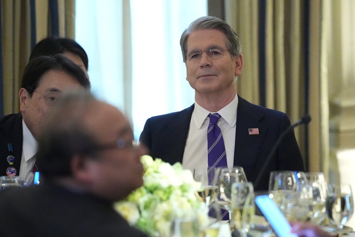 Treasury Secretary Scott Bessent arrives to attend a dinner with President Donald Trump and Japan's Prime Minister Sanae Takaichi in the State Dining Room of the White House, Thursday, March 19, 2026, in Washington. (AP Photo/Julia Demaree Nikhinson)