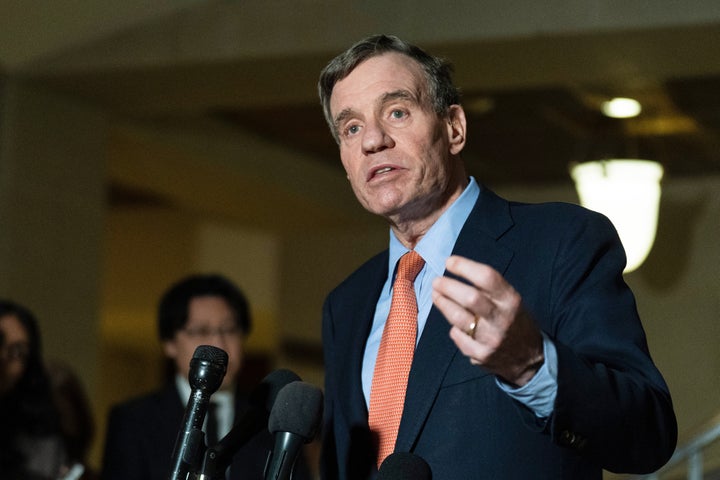 Senate Intelligence Committee Sen. Mark Warner, D-Va., speaks to reporters after a House and Senate Intelligence Committee briefing on the war in Iran on Capitol Hill in Washington, Monday, March 2, 2026. (AP Photo/Manuel Balce Ceneta)