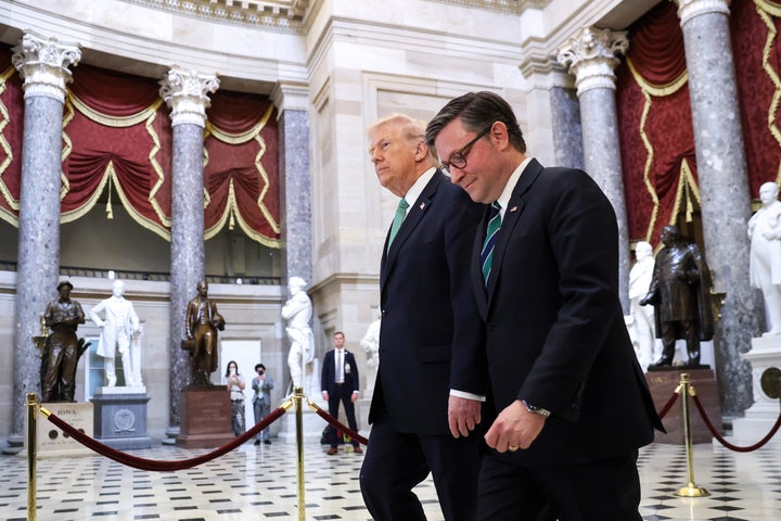 WASHINGTON, DC – MARCH 17: US President Donald Trump and House Speaker Mike Johnson (R-LA) leave the annual Friends of Ireland Luncheon at the US Capitol on March 17, 2026 in Washington, DC. (Photo by Kevin Dietsch/Getty Images)