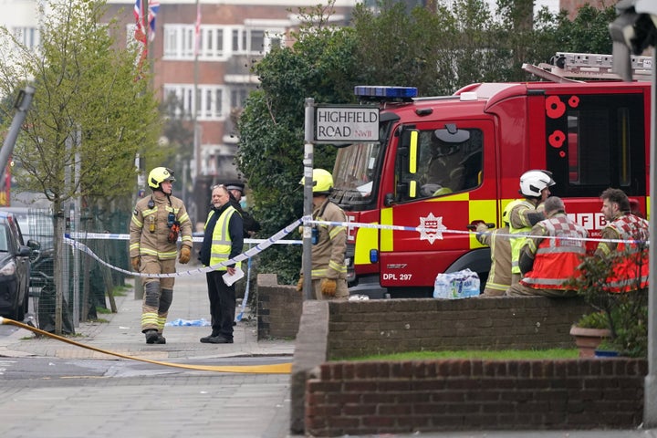 Firefighters respond to a fire in Golders Green, London, on March 23, 2026 after an apparent arson attack on four vehicles belonging to a Jewish ambulance service, Hatzola Northwest, in London.