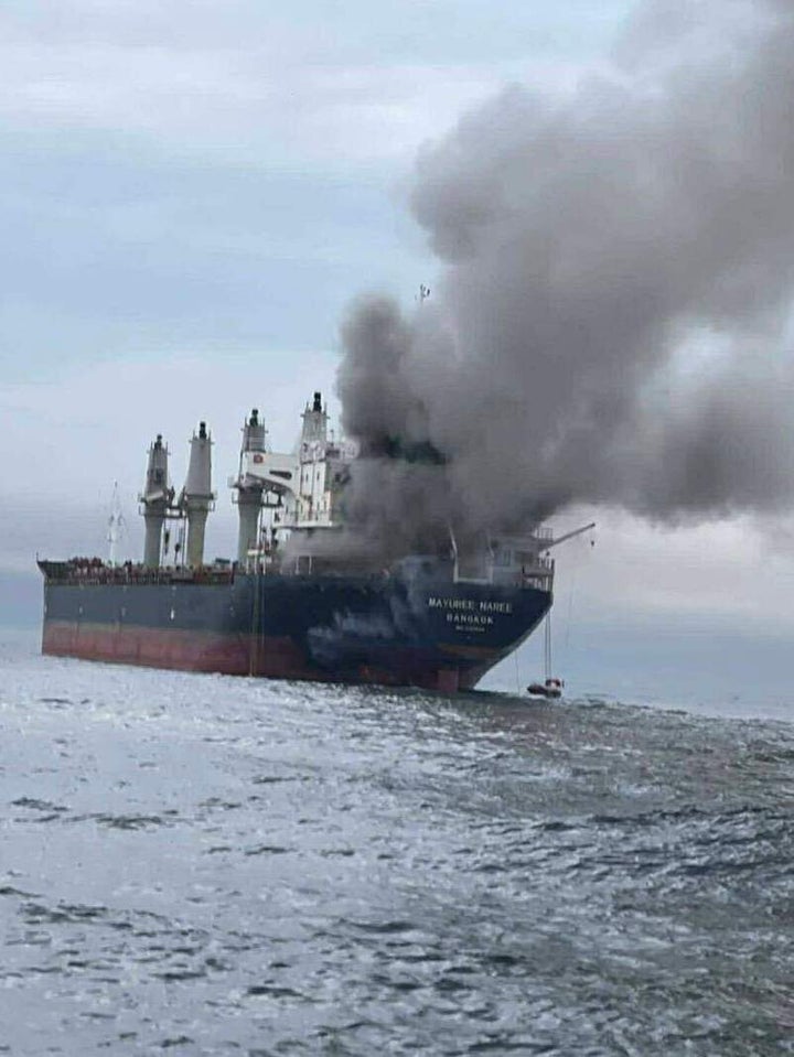 This image released by the Royal Thai Navy shows a Thai cargo ship, Mayuree Naree, that was struck and set ablaze in the Strait of Hormuz on March 11, 2026.