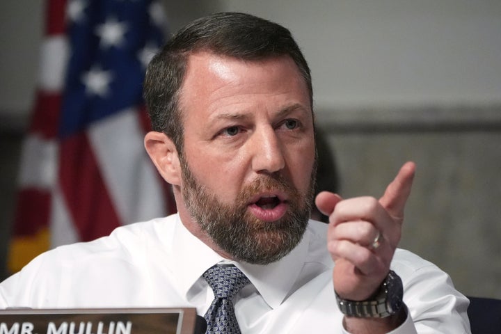 Sen. Markwayne Mullin speaks during a Senate Armed Services Committee hearing, Jan. 14, 2025, on Capitol Hill. 