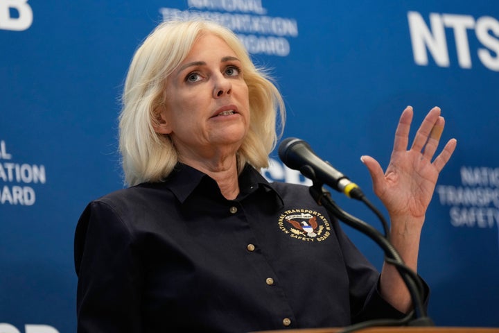 Jennifer Homendy speaks during a news conference in New York on Monday, March 23, 2026.