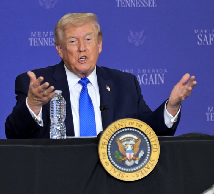 President Donald Trump photographed during a roundtable discussion on public safety at a Tennessee Air National Guard Base on Monday in Memphis, Tennessee.