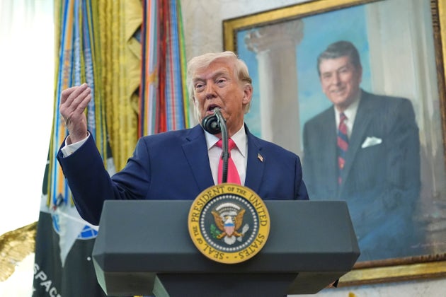 President Donald Trump speaks during the swearing in for Homeland Security Secretary Markwayne Mullin in the Oval Office.