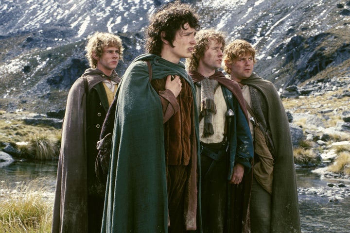 Dominic Monaghan, Elijah Wood, Billy Boyd and Sean Astin in the first Lord Of The Rings movie