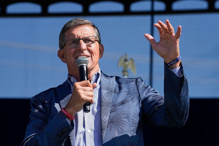FILE - Former national security adviser Michael Flynn speaks during a "rosary rally" on Aug. 6, 2023, in Norwood, Ohio. (AP Photo/Darron Cummings, File)