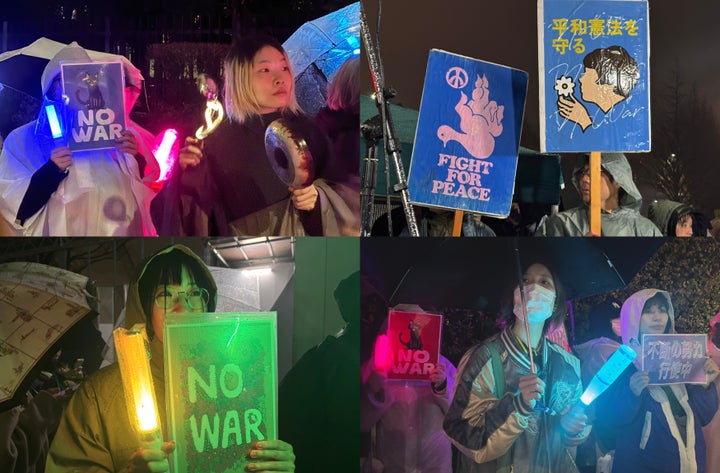 ペンライトを持って国会前で抗議の声をあげた人々(2026年3月25日撮影)
