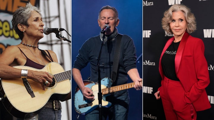 Joan Baez (L) Bruce Springsteen (C) and Jane Fonda (R) are among the various celebrity performers and speakers expected to attend the "No Kings" rally in St. Paul, Minn., on March 28.