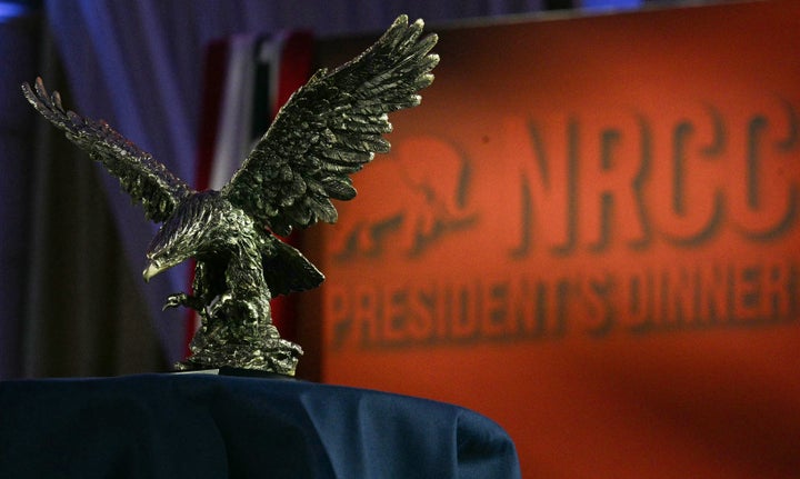 The America First Award, represented by an eagle statue, is displayed on the side of the stage ahead of its presentation to U.S. President Donald Trump during the National Republican Congressional Committee's annual President's Dinner at Union Station in Washington, D.C., on March 25, 2026. (Photo by Jim WATSON / AFP via Getty Images)