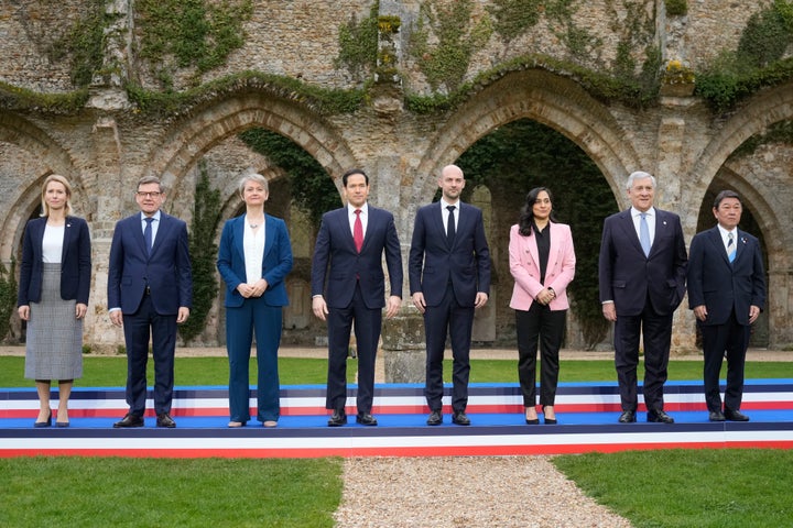 From left: EU High Representative and Vice-President for Foreign Affairs and Security Policy Kaja Kallas, Germany's Foreign Minister Johann Wadephul, Britain's Foreign Secretary Yvette Cooper, U.S. Secretary of State Marco Rubio, France's Foreign Affairs Minister Jean-Noel Barrot, Canada's Foreign Minister Anita Anand, Italy's Foreign Minister Antonio Tajani and Japan's Foreign minister Toshimitsu Motegi pose for a photo during the G7 Foreign Ministers' meeting with partner countries in Cernay-la-Ville outside Paris, France, on March 27, 2026.